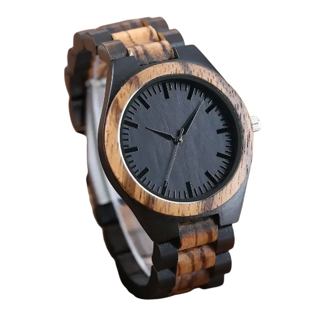 Personalised wooden chronograph watch for men in black and natural wood grain with a sleek minimalist design
