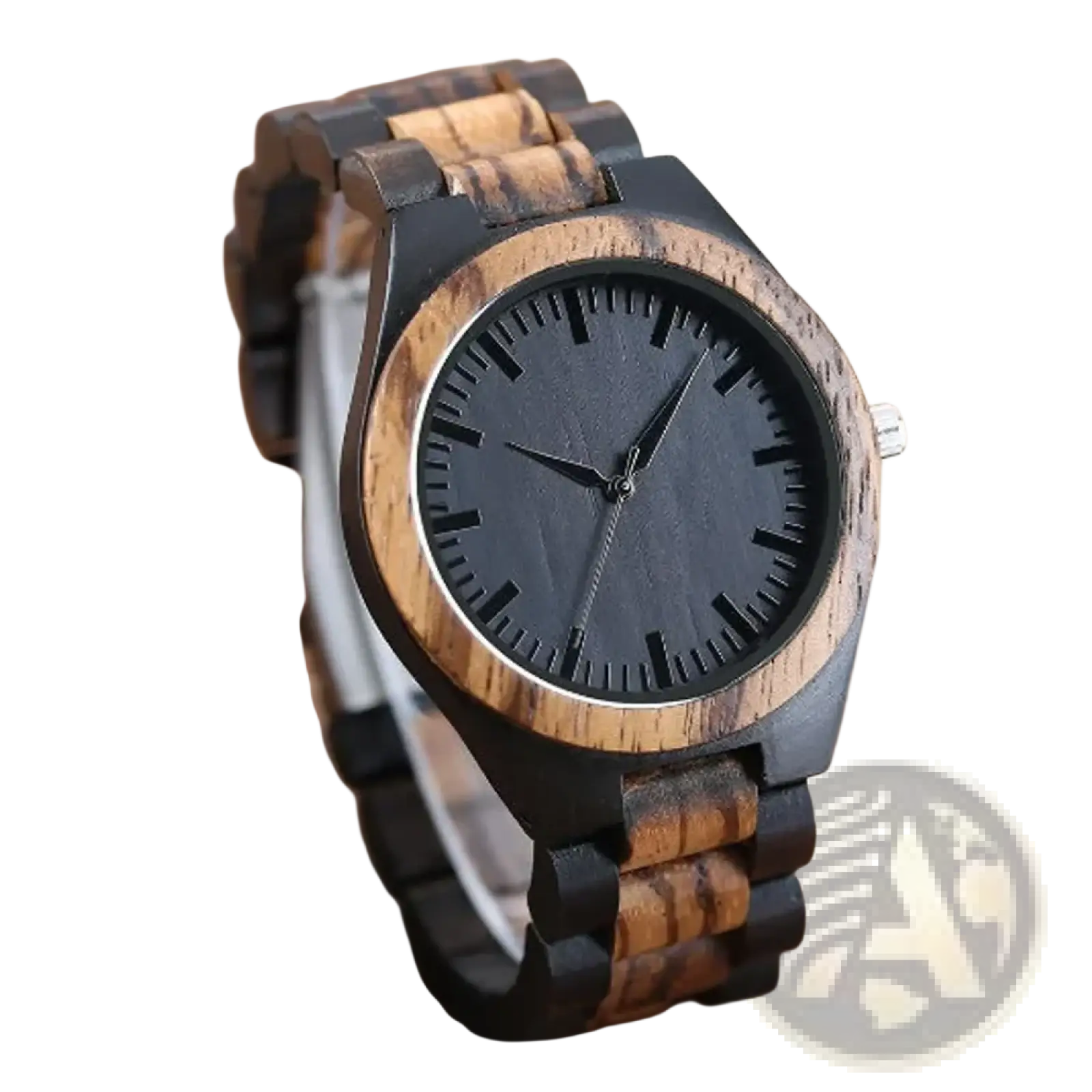 Personalised wooden chronograph watch for men in black and natural wood grain with a sleek minimalist design