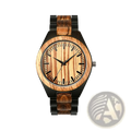 A personalised wooden chronograph watch for men with black-accented case and warm brown wood grain patterns