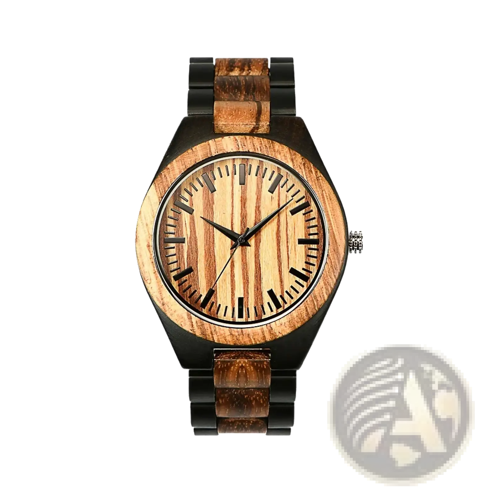 A personalised wooden chronograph watch for men with black-accented case and warm brown wood grain patterns