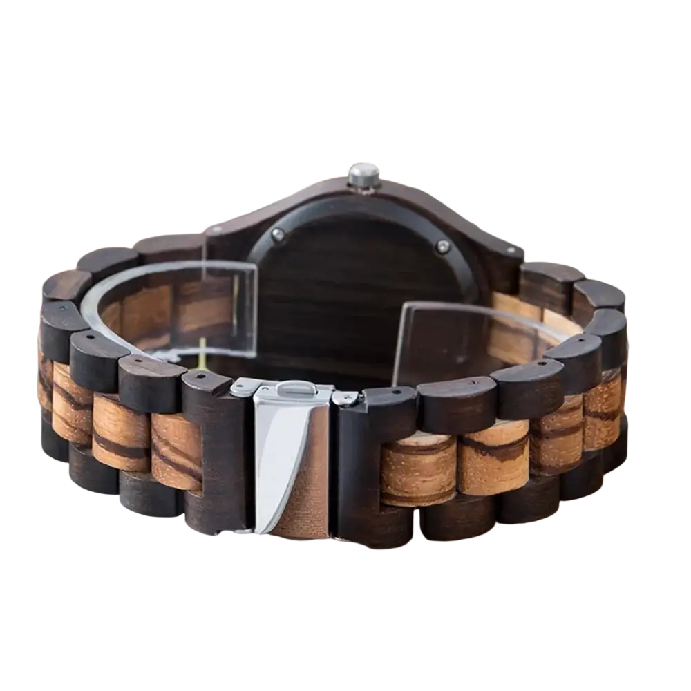 Personalised wooden chronograph watch for men with dark wood alternating black and natural wooden links and silver clasp