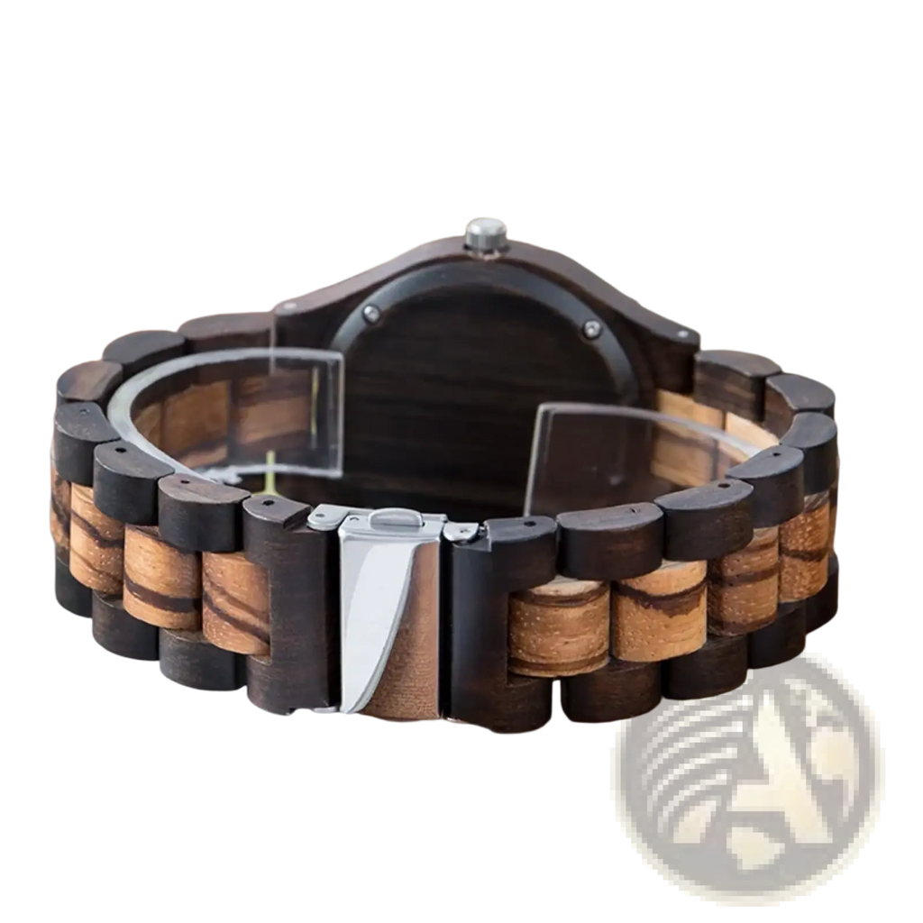 Personalised wooden chronograph watch for men with dark wood alternating black and natural wooden links and silver clasp
