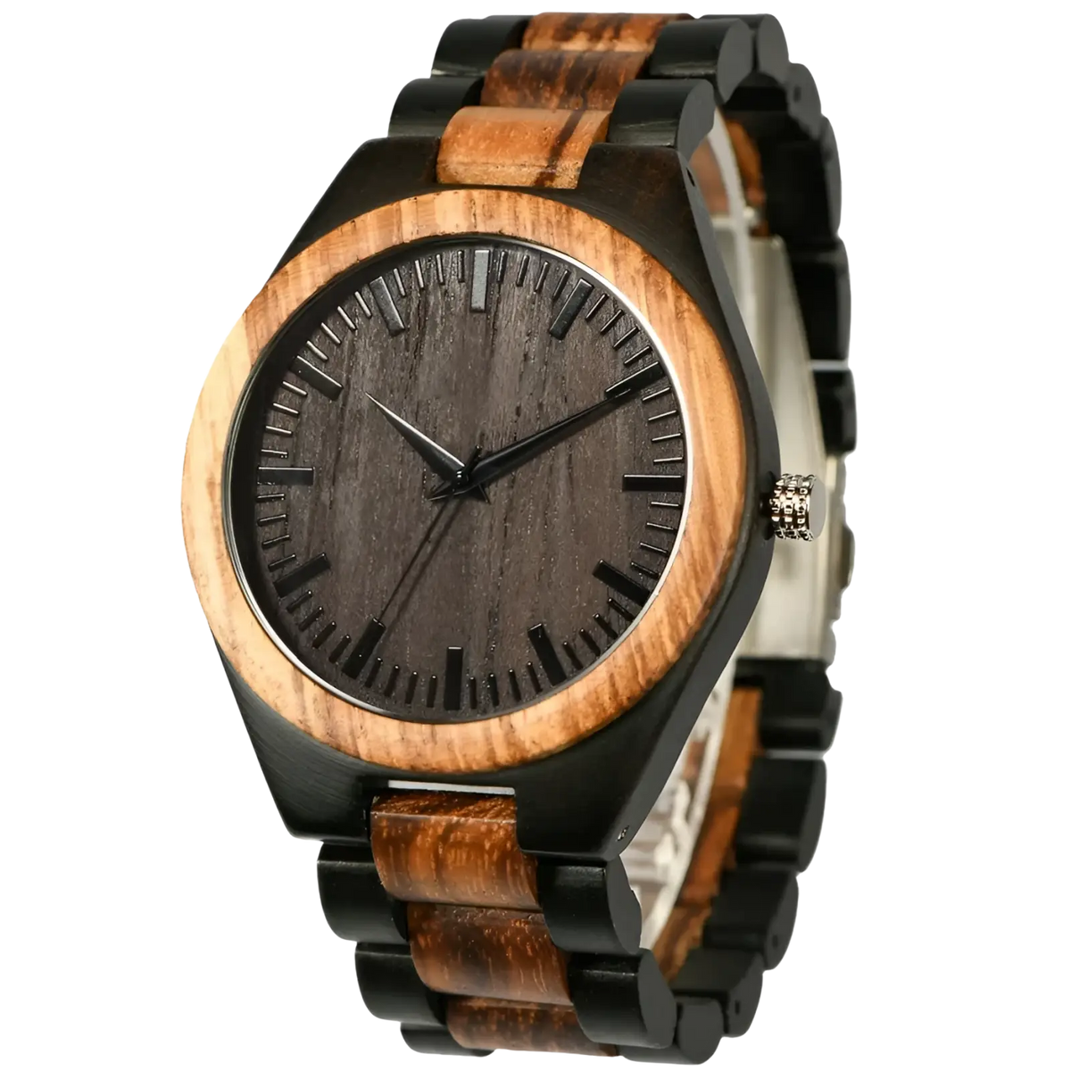 A personalised wooden chronograph watch for men with a dark brown textured face and black and warm-toned wood links
