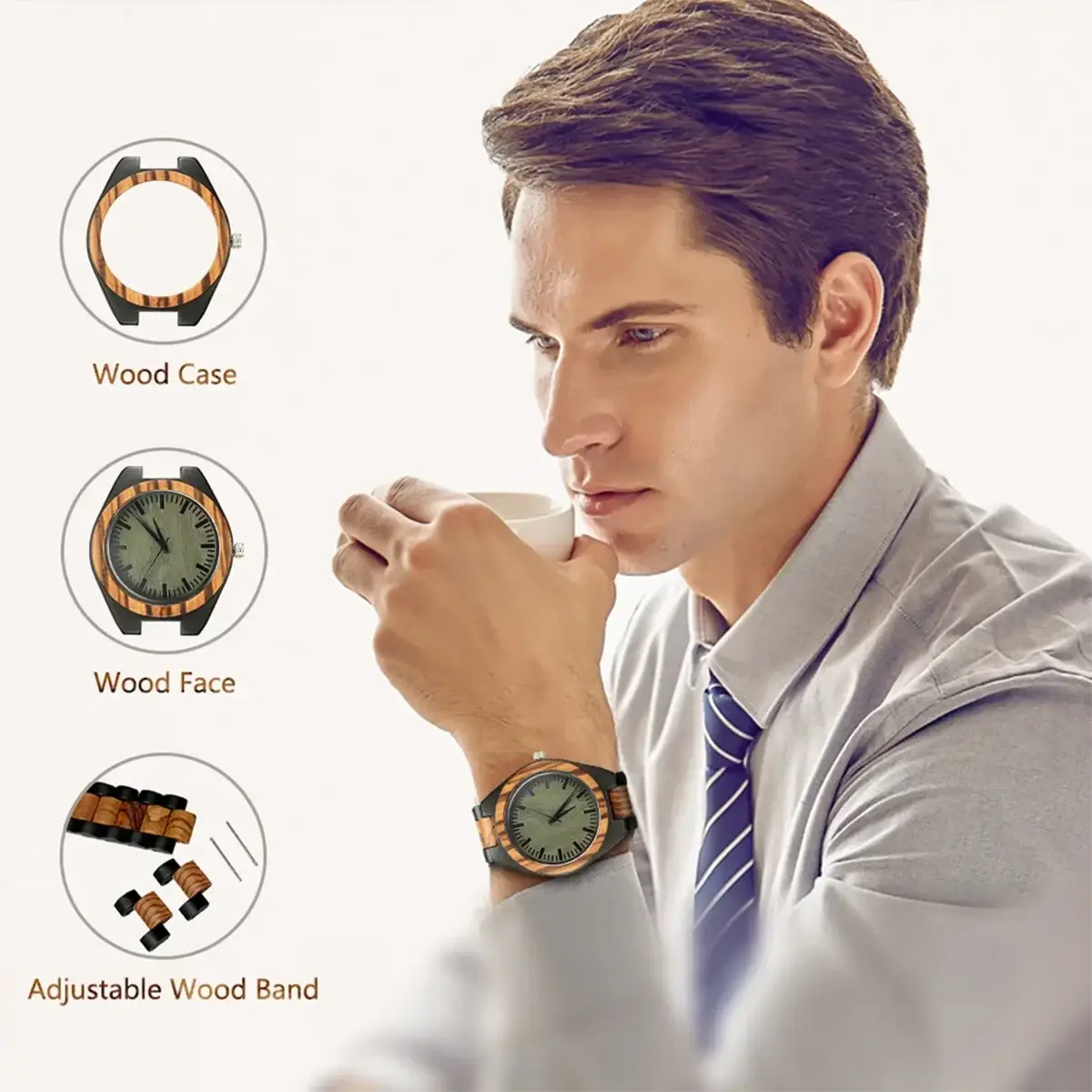 Personalised wooden chronograph watch for men with sleek natural wood case face and adjustable wood band with black accents
