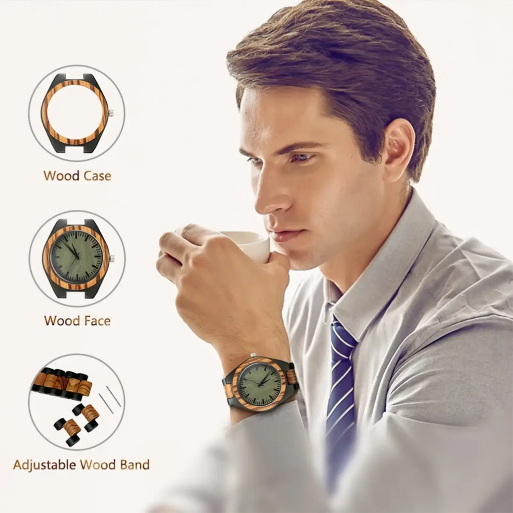 Personalised wooden chronograph watch for men with sleek natural wood case face and adjustable wood band with black accents