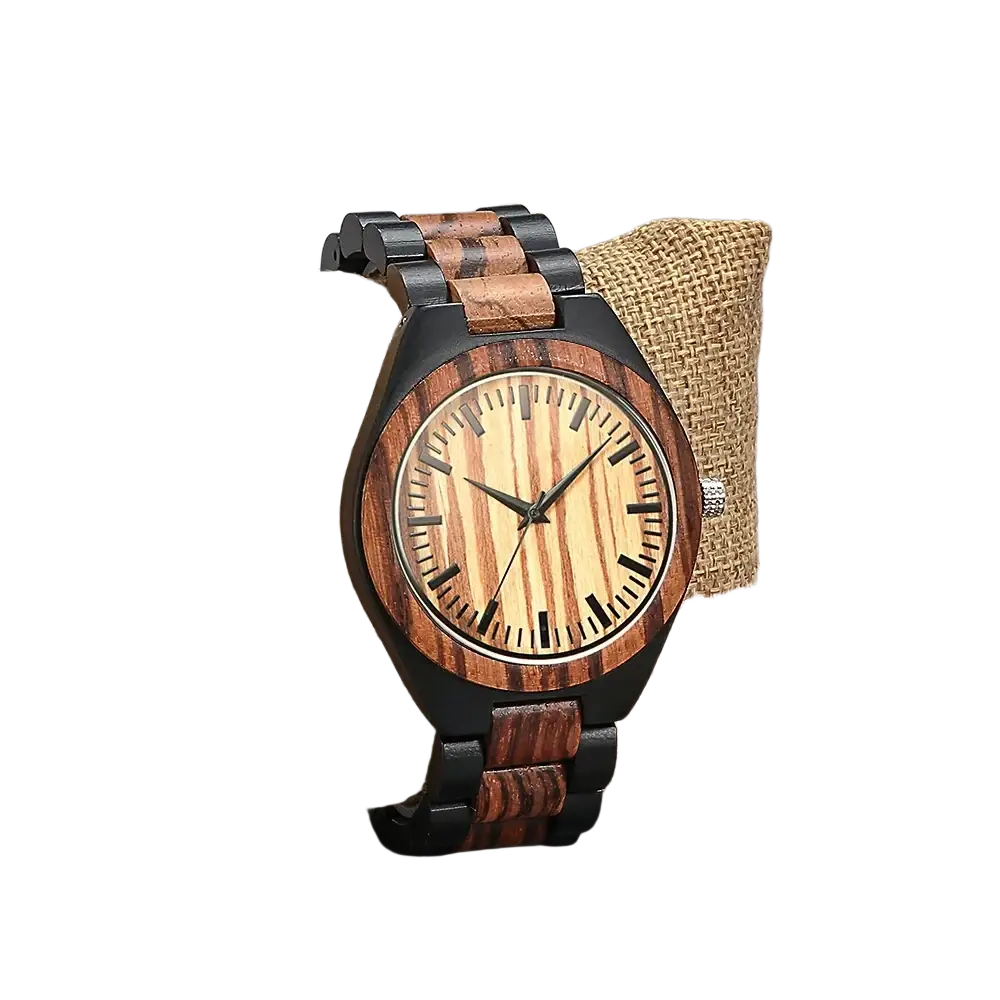 Personalised wooden chronograph watch for men with black and brown striped dial and alternating dark and light wood band segments