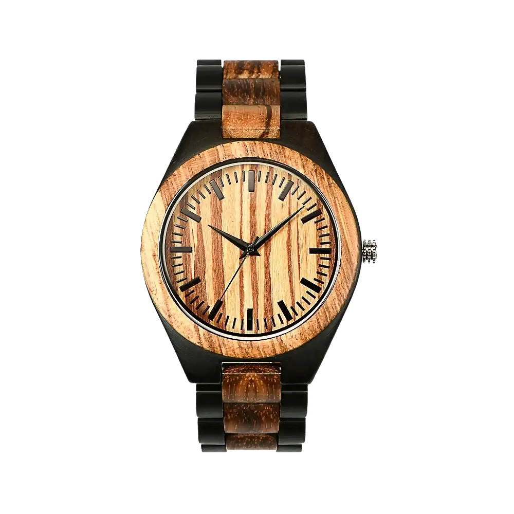 A personalised wooden chronograph watch for men with black-accented case and warm brown wood grain patterns