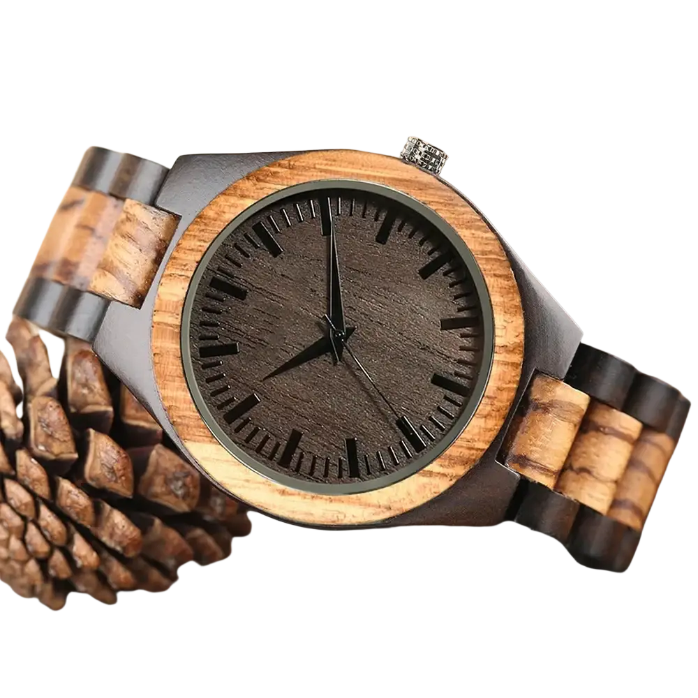 A personalised wooden chronograph watch for men with a dark brown textured face and alternating light and dark wood links