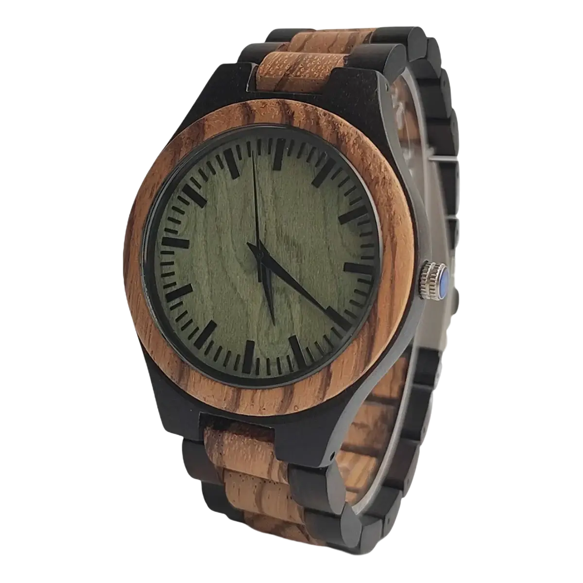 A personalised wooden chronograph watch for men with black and brown wood grain and an olive green face with black markers