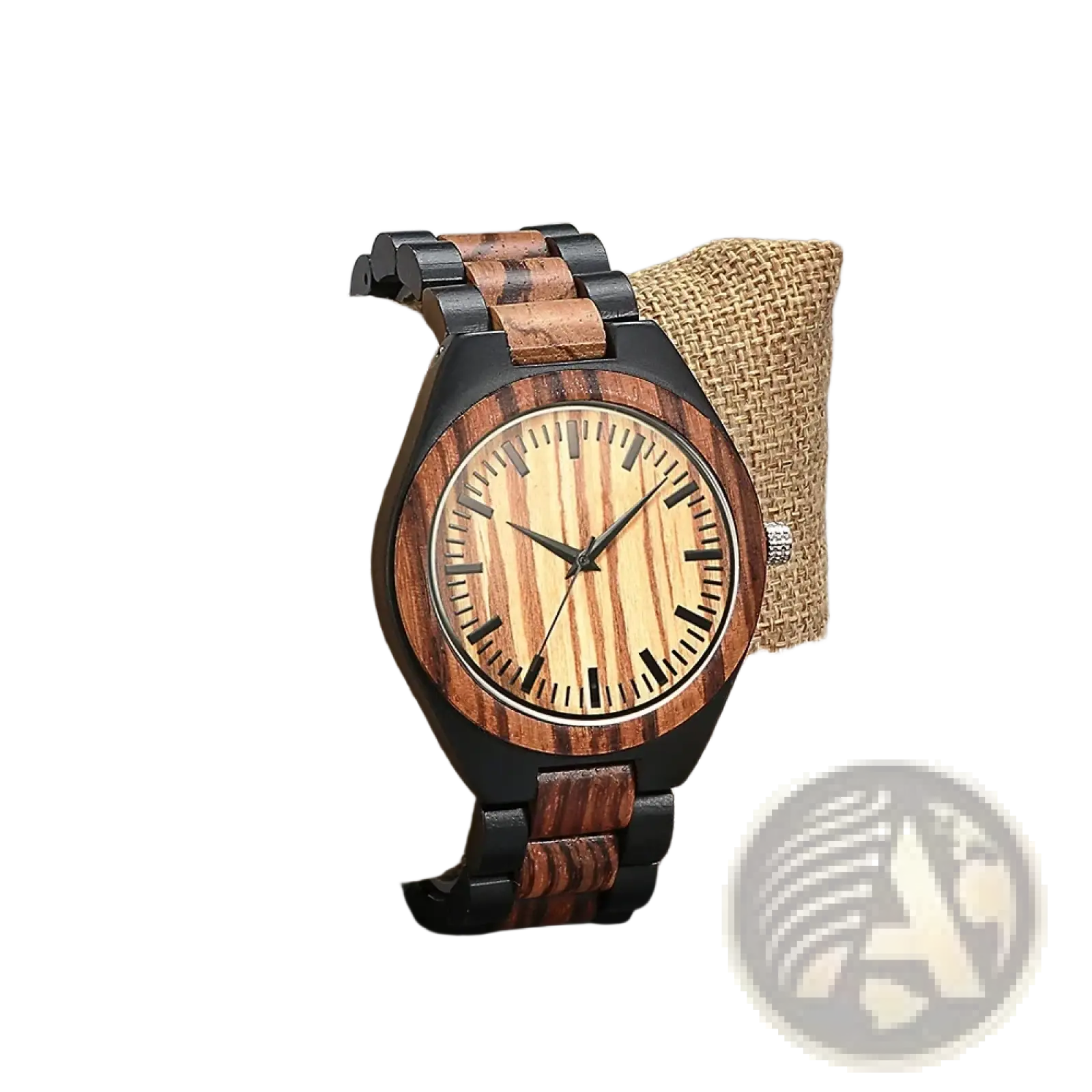 Personalised wooden chronograph watch for men with black and brown striped dial and alternating dark and light wood band segments