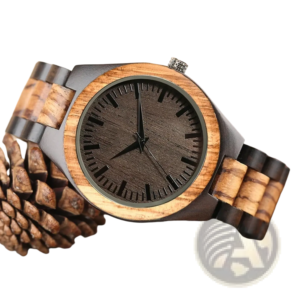 A personalised wooden chronograph watch for men with a dark brown textured face and alternating light and dark wood links