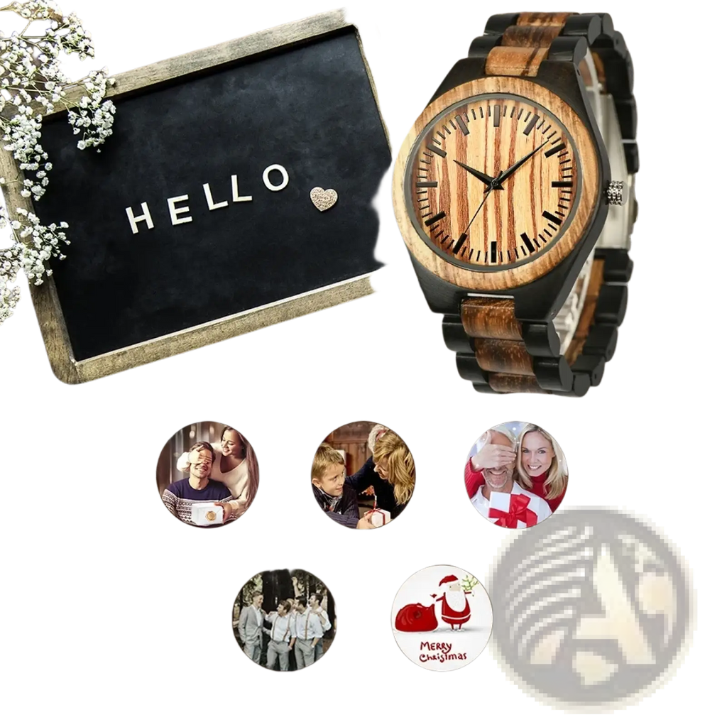 A personalised wooden chronograph watch for men with natural grain pattern wood and black accents on the band