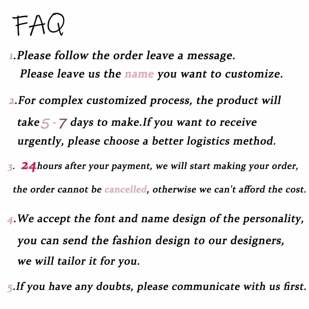 Faq page with black text on white background detailing customization options for personalized gold plated Arabic name necklace