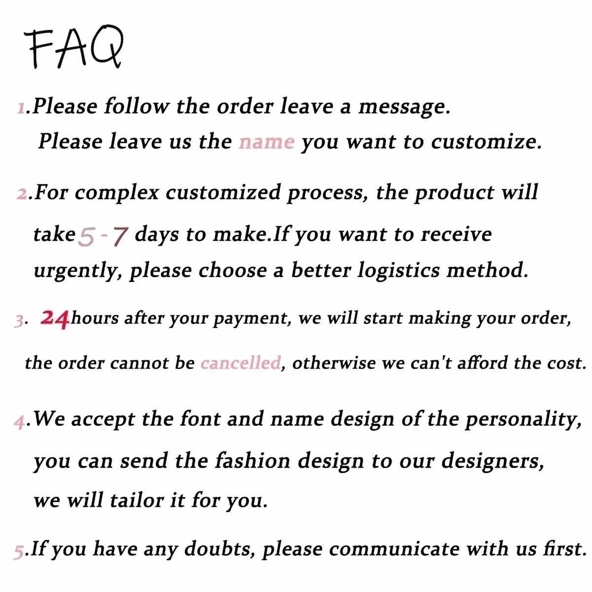 Faq page with black text on white background detailing customization options for personalized gold plated Arabic name necklace