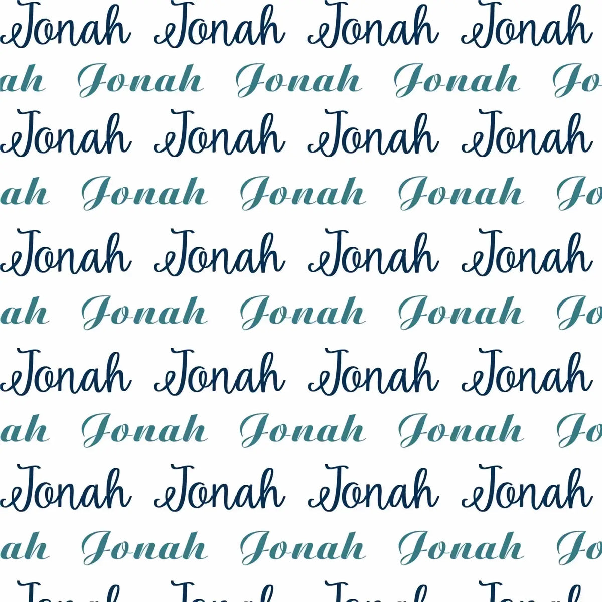 Personalized baby swaddle blanket fleece with teal and navy blue jonah script pattern on white background