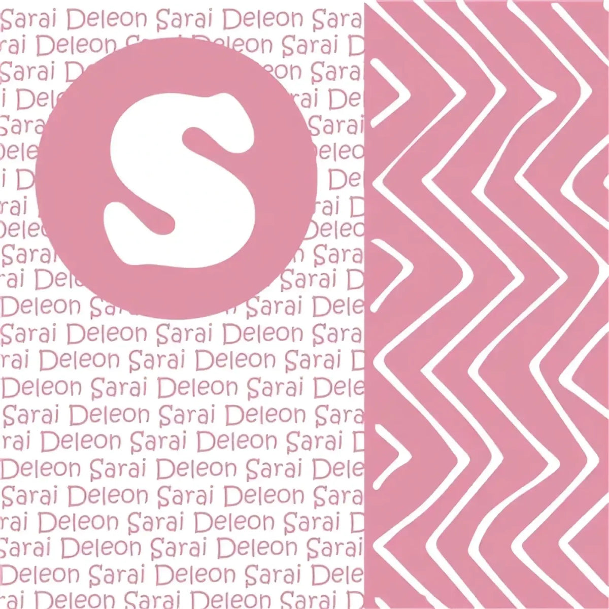 Personalized baby swaddle blanket fleece with pink circular logo and white stylized s on repeating text and chevron pattern background