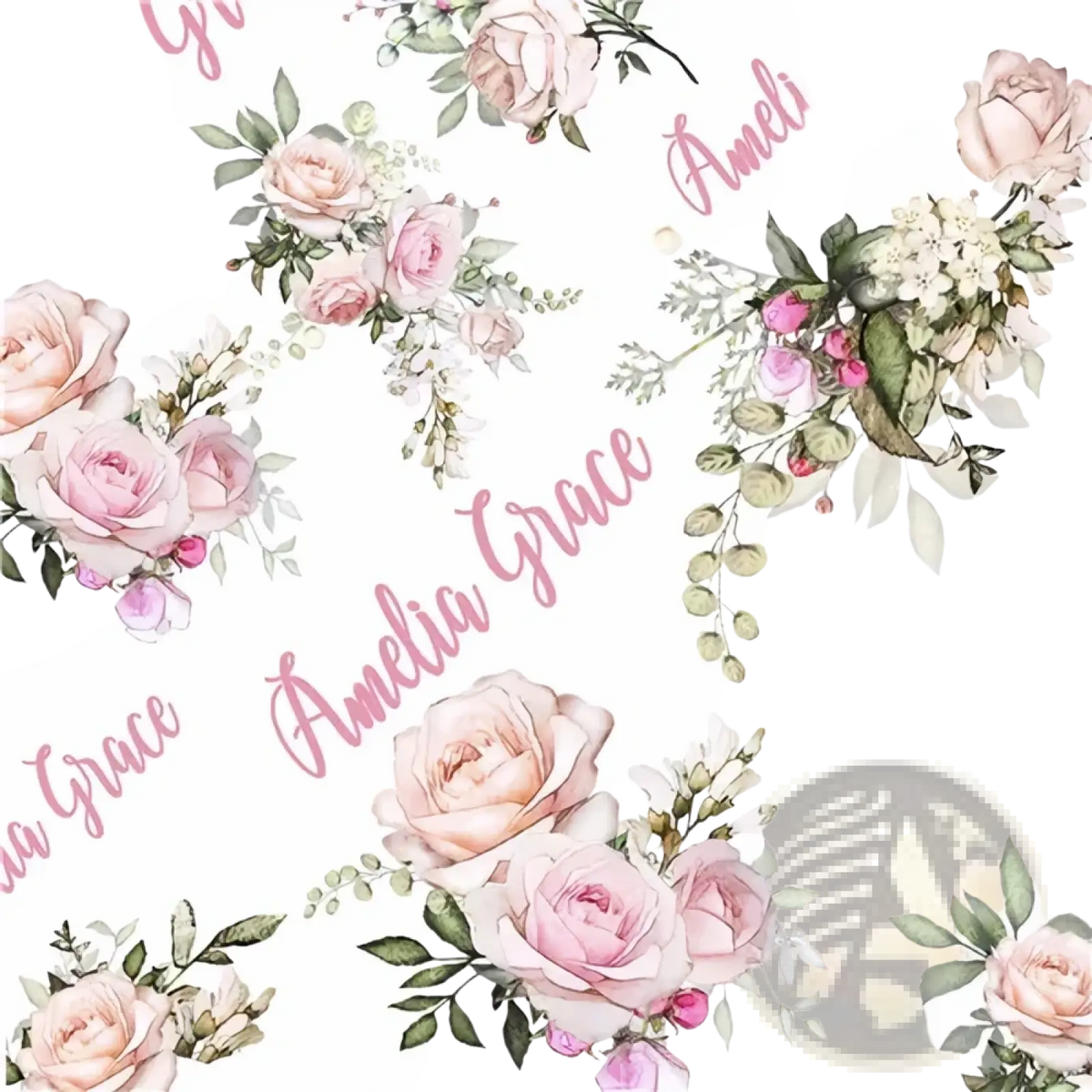 Personalized baby swaddle blanket fleece in pink floral pattern with amelia grace name in cursive script