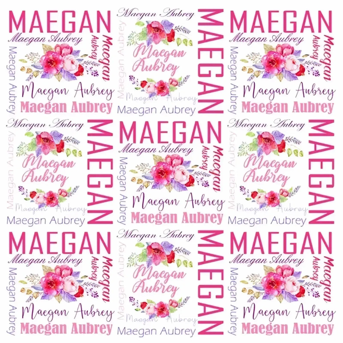 Personalized baby swaddle blanket fleece with pink and purple floral design and bold pink lettering on white background