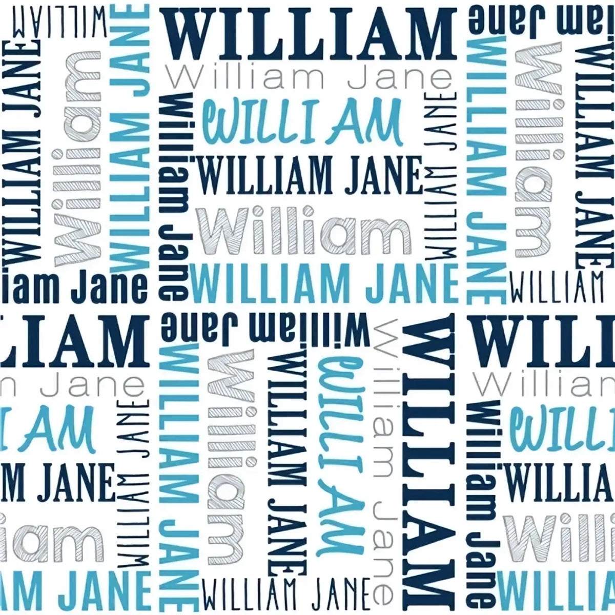 Personalized baby swaddle blanket fleece with repeating william and jane names in blue shades on white background