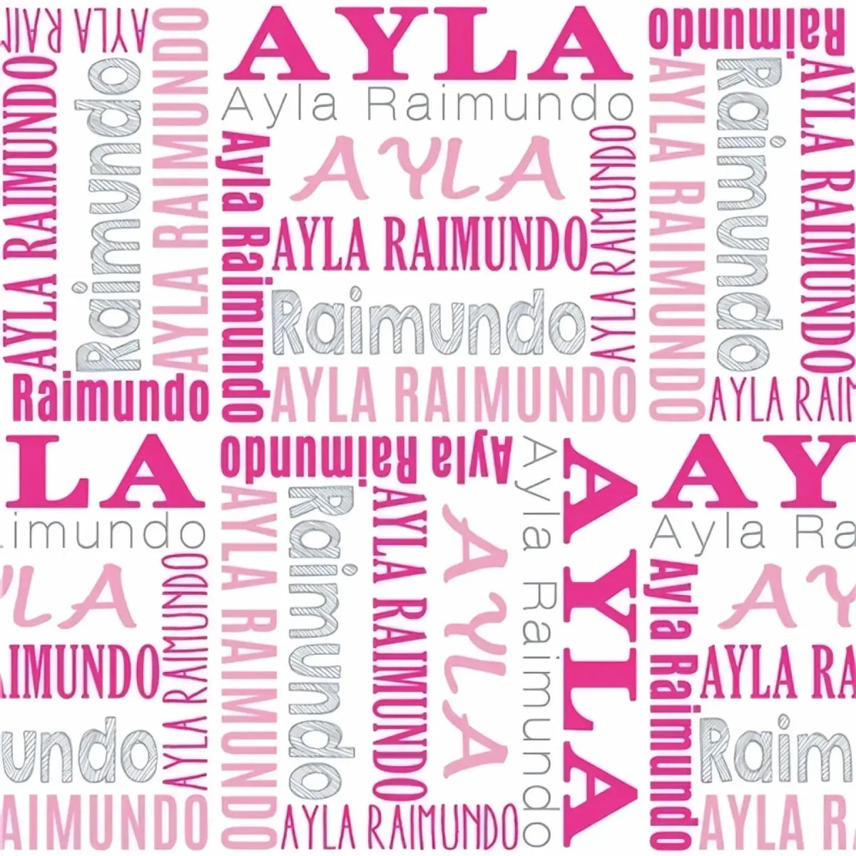 Personalized baby swaddle blanket fleece with pink and gray ayla raimundo text pattern on white background