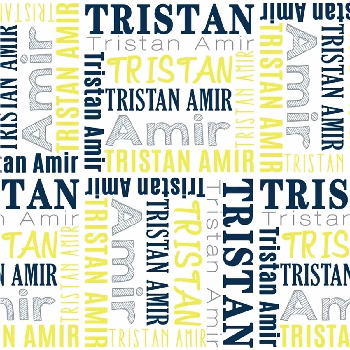 Personalized baby swaddle blanket fleece with repeating tristan amir name in bold navy blue and yellow on white background