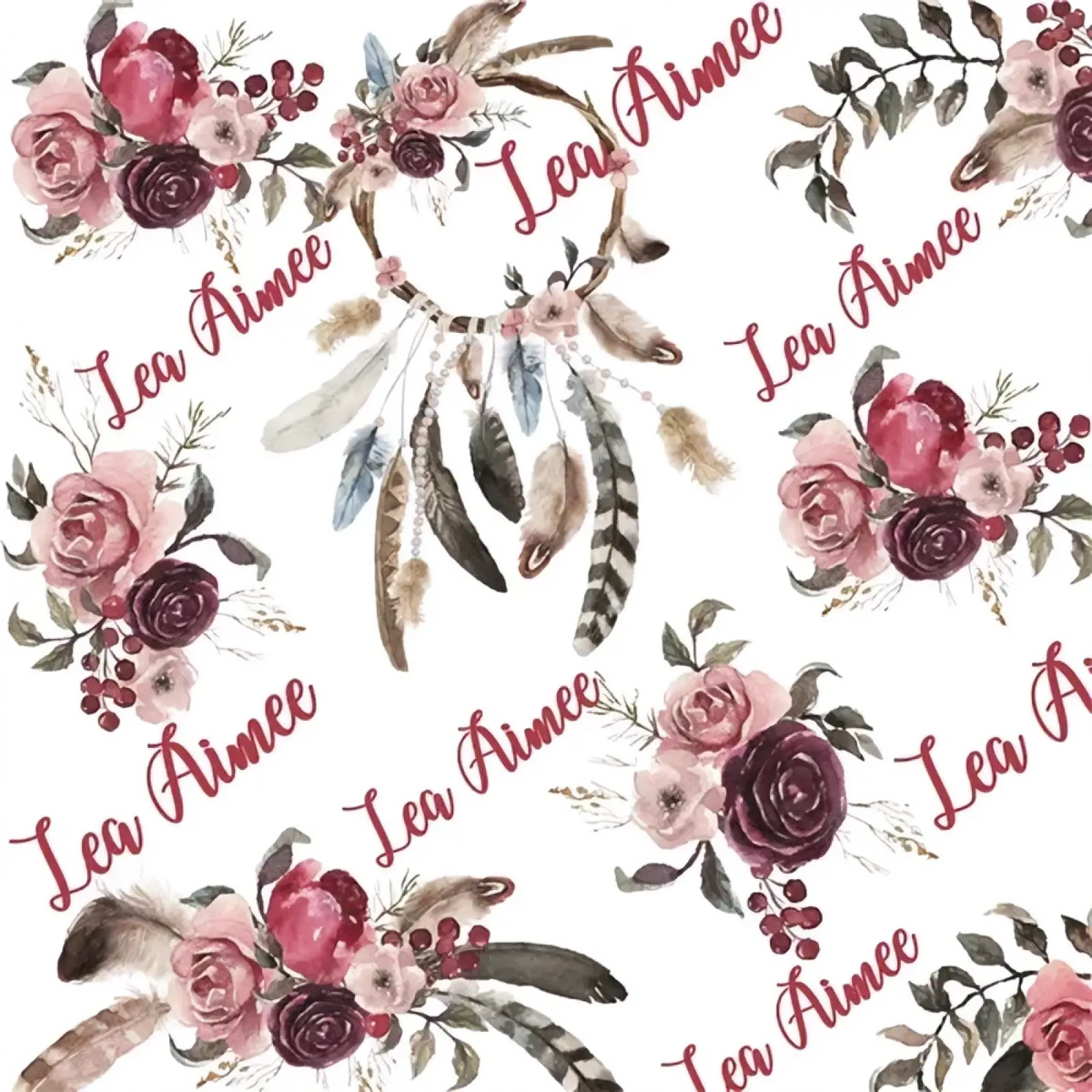 Personalized baby swaddle blanket fleece featuring a delicate dreamcatcher with pink and burgundy roses and natural feathers