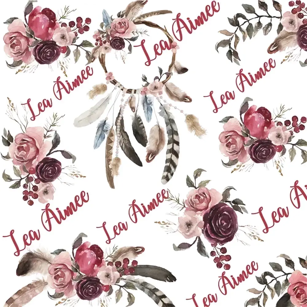 Personalized baby swaddle blanket fleece featuring a delicate dreamcatcher with pink and burgundy roses and natural feathers
