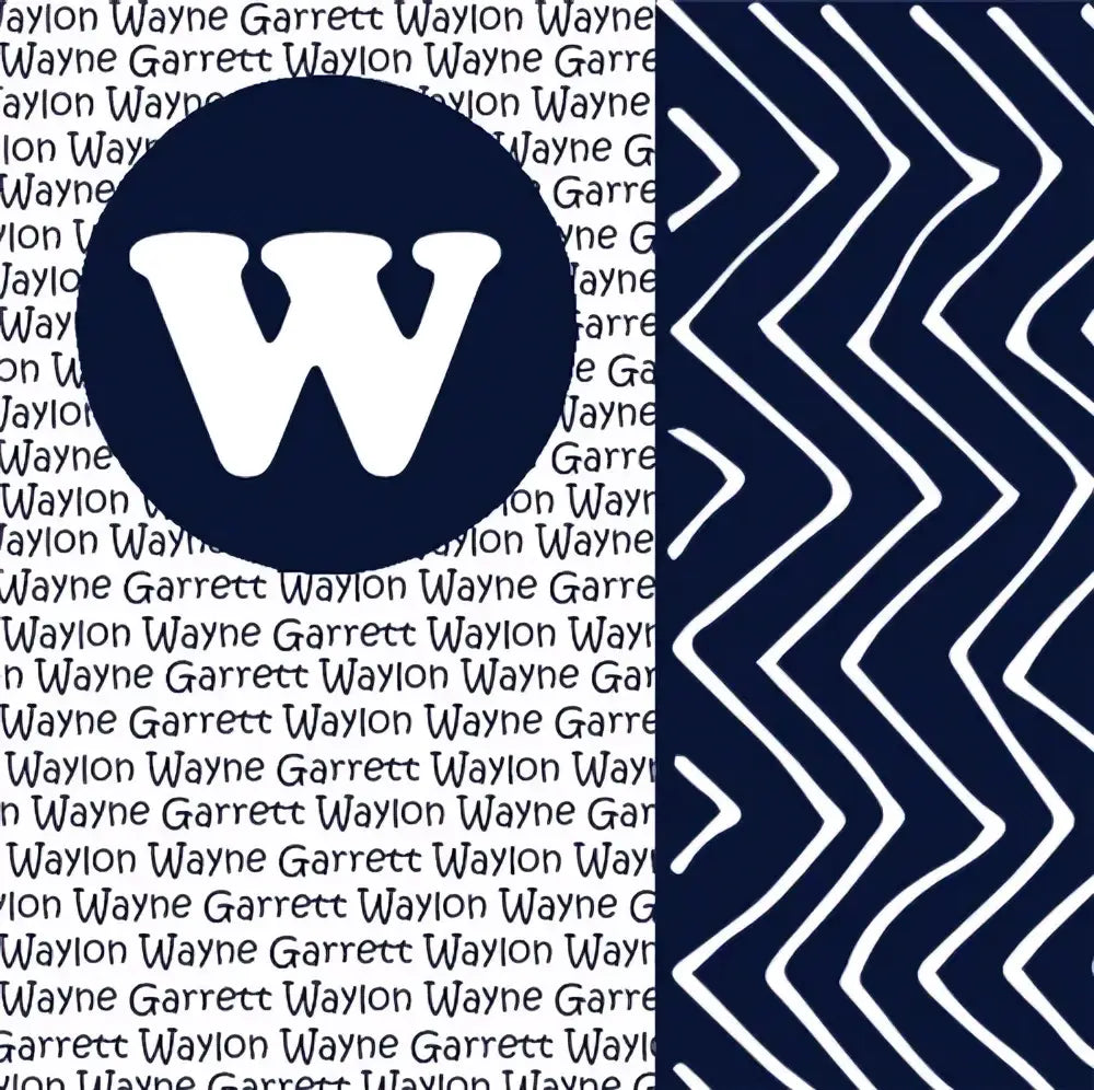 Navy blue personalized baby swaddle blanket fleece with white w logo and zigzag pattern for newborn use