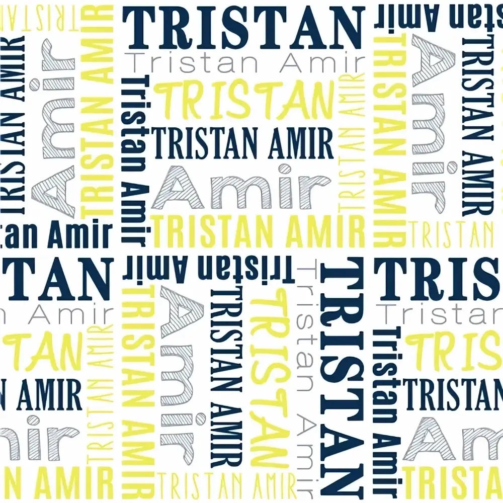 Personalized baby swaddle blanket fleece with repeating tristan amir name in bold navy blue and yellow on white background
