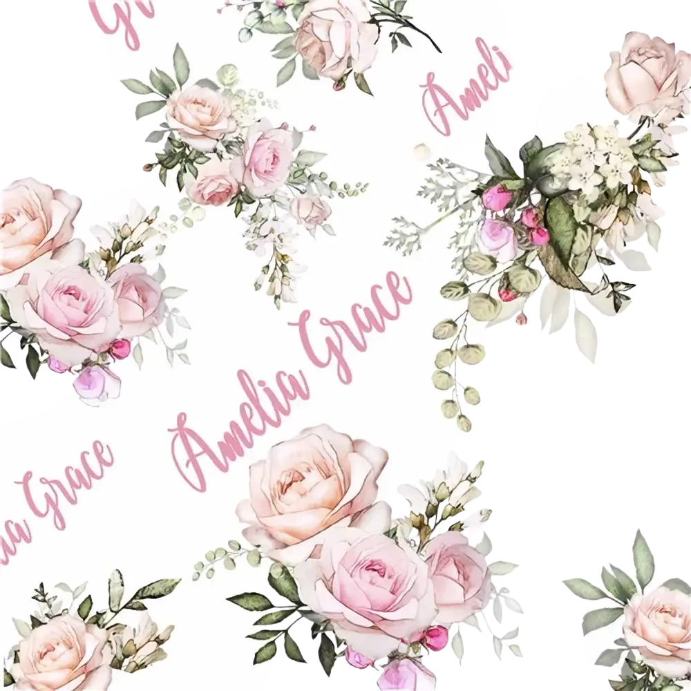 Personalized baby swaddle blanket fleece in pink floral pattern with amelia grace name in cursive script