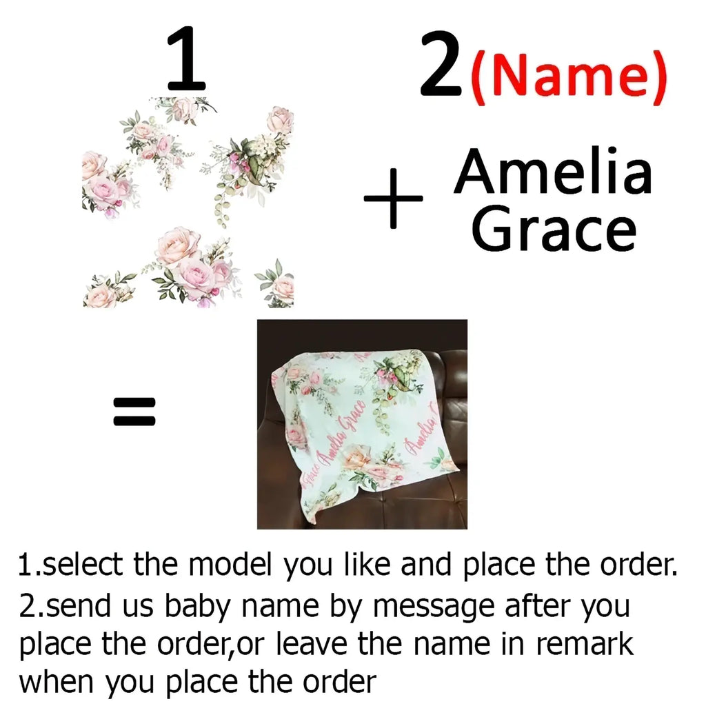 Personalized baby swaddle blanket fleece in soft mint green with pink and green floral pattern and amelia grace embroidery
