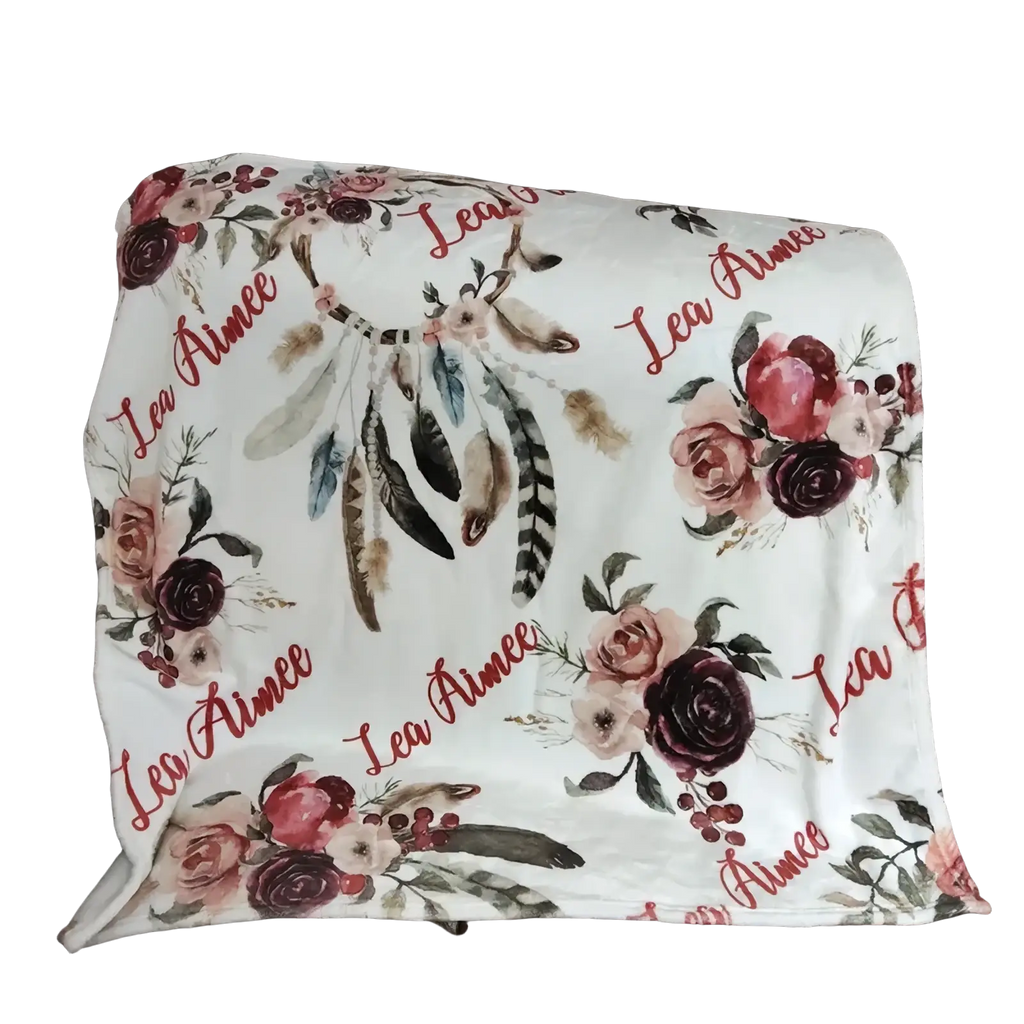 Personalized baby swaddle blanket fleece with soft white fabric floral dreamcatcher pink burgundy roses and lea aimee script