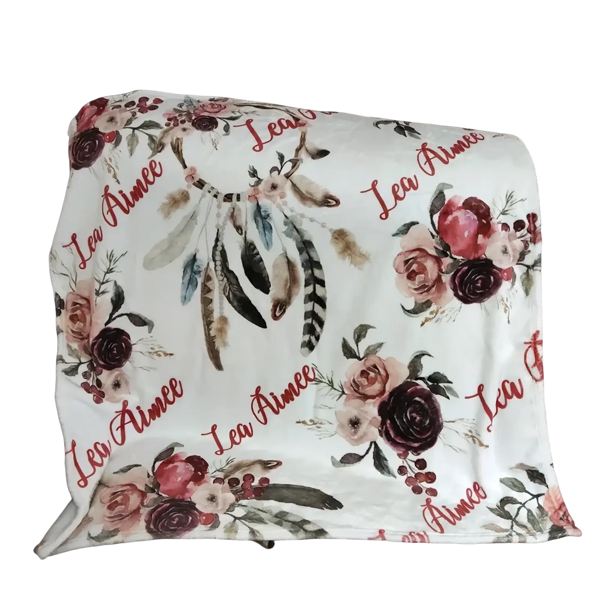 Personalized baby swaddle blanket fleece with soft white fabric floral dreamcatcher pink burgundy roses and lea aimee script