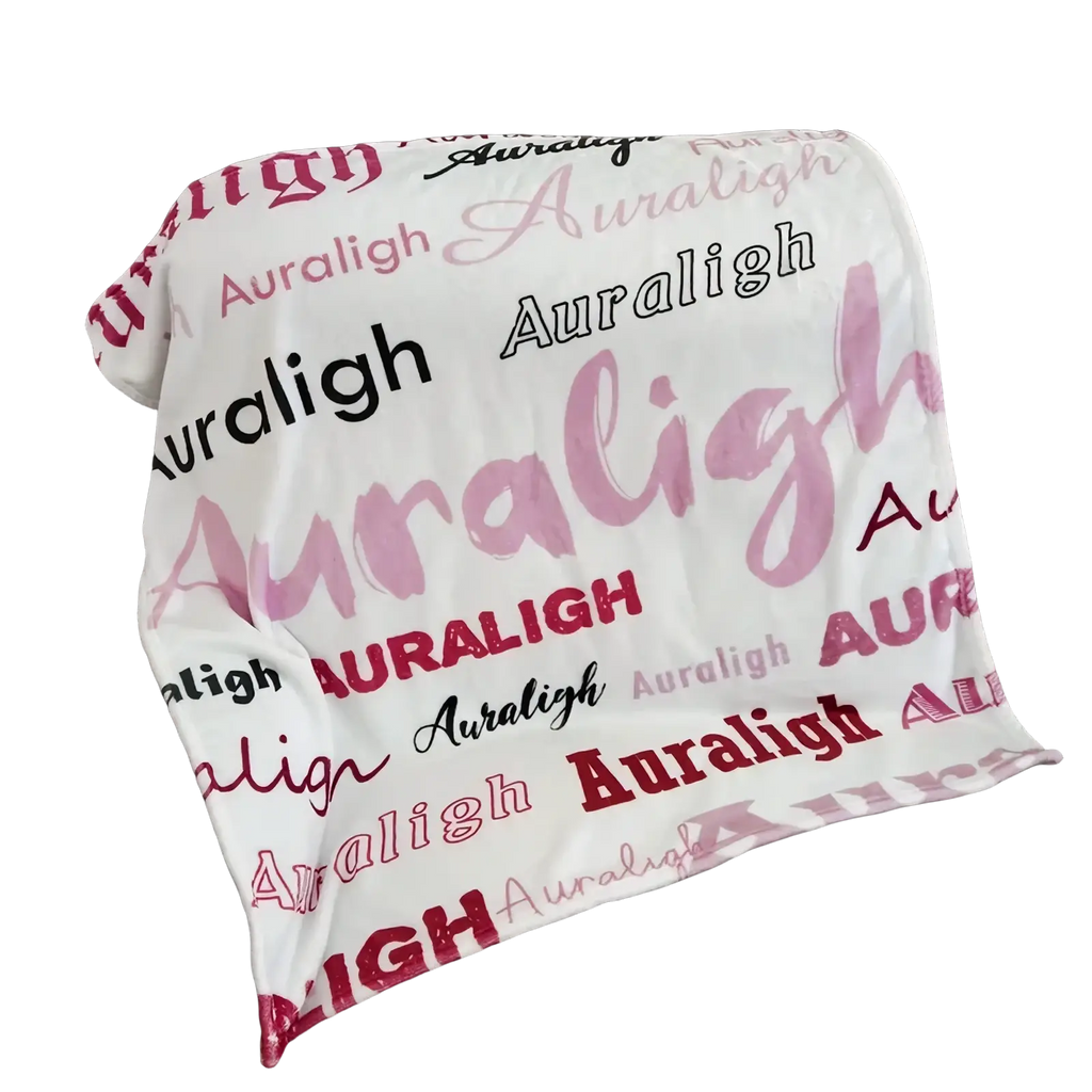 Personalized baby swaddle blanket soft white fleece with auraligh printed in pink red and black fonts