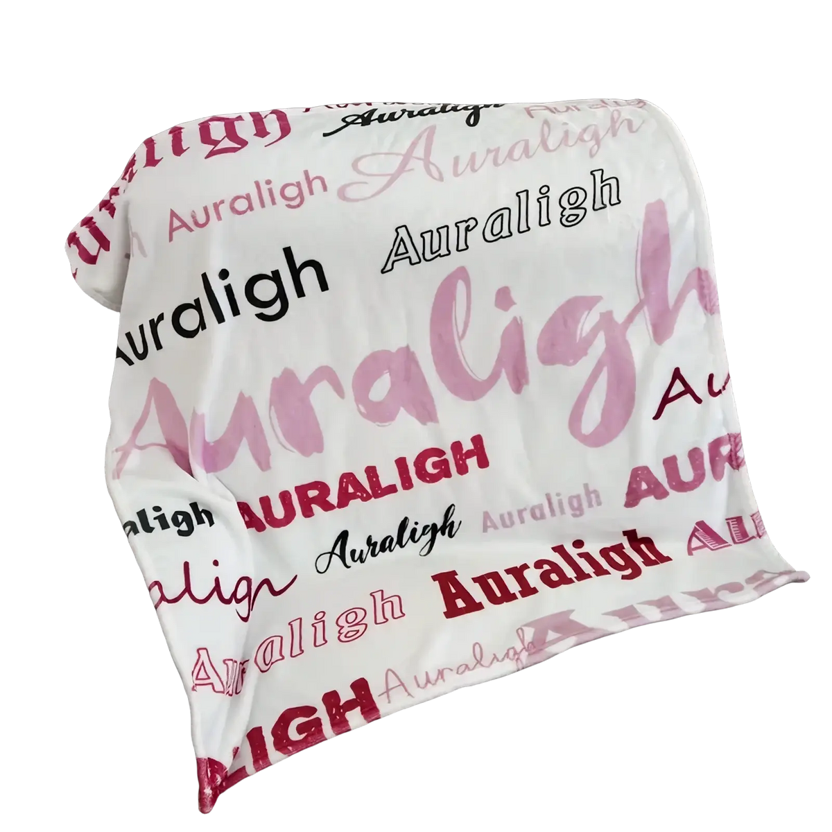 Personalized baby swaddle blanket soft white fleece with auraligh printed in pink red and black fonts