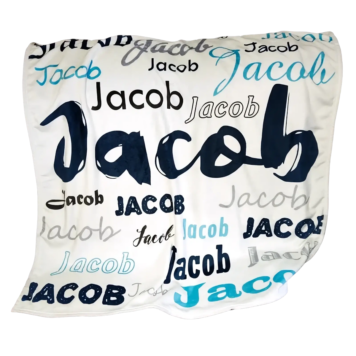 Personalized baby swaddle blanket fleece in soft white with the name jacob in navy blue teal and black fonts
