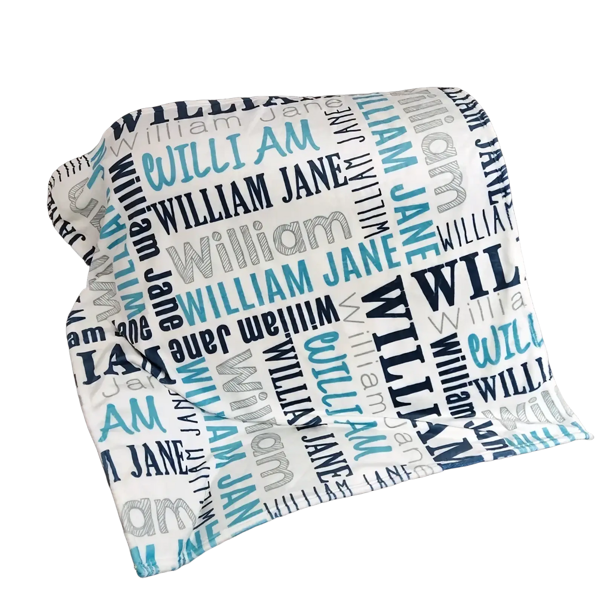 Personalized baby swaddle blanket fleece newborn soft white with repeated william and jane names in blue gray and black text