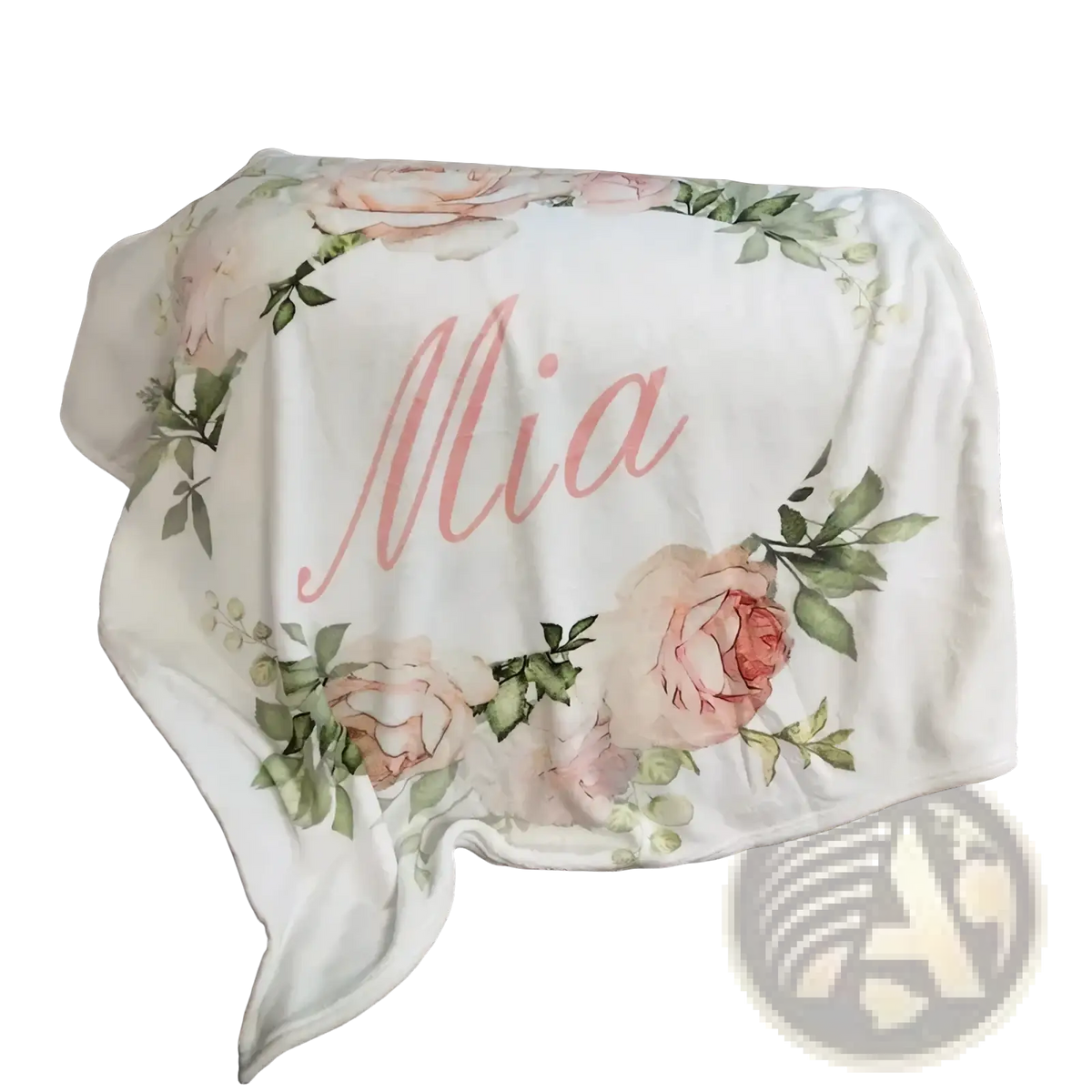 Personalized baby swaddle blanket fleece white with pink rose floral design and name mia in cursive script