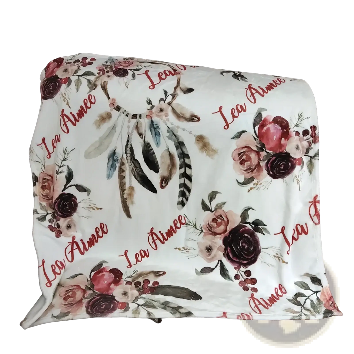 Personalized baby swaddle blanket fleece with soft white fabric floral dreamcatcher pink burgundy roses and lea aimee script