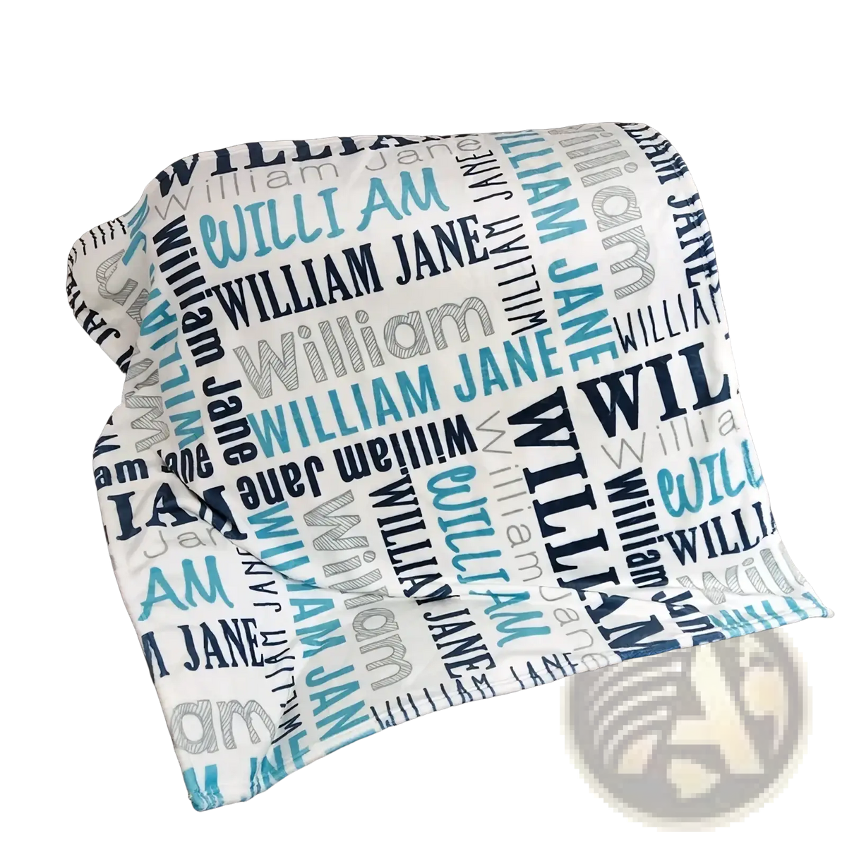 Personalized baby swaddle blanket fleece newborn soft white with repeated william and jane names in blue gray and black text
