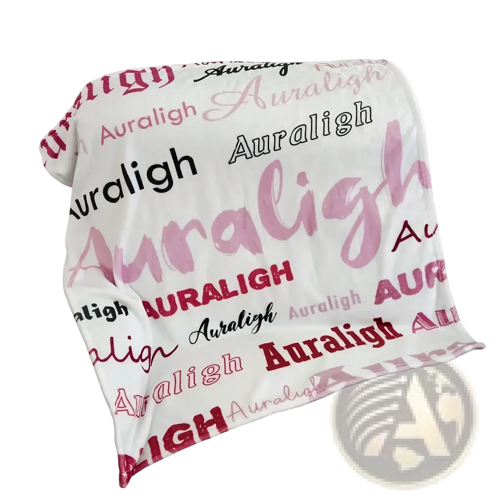 Personalized baby swaddle blanket soft white fleece with auraligh printed in pink red and black fonts