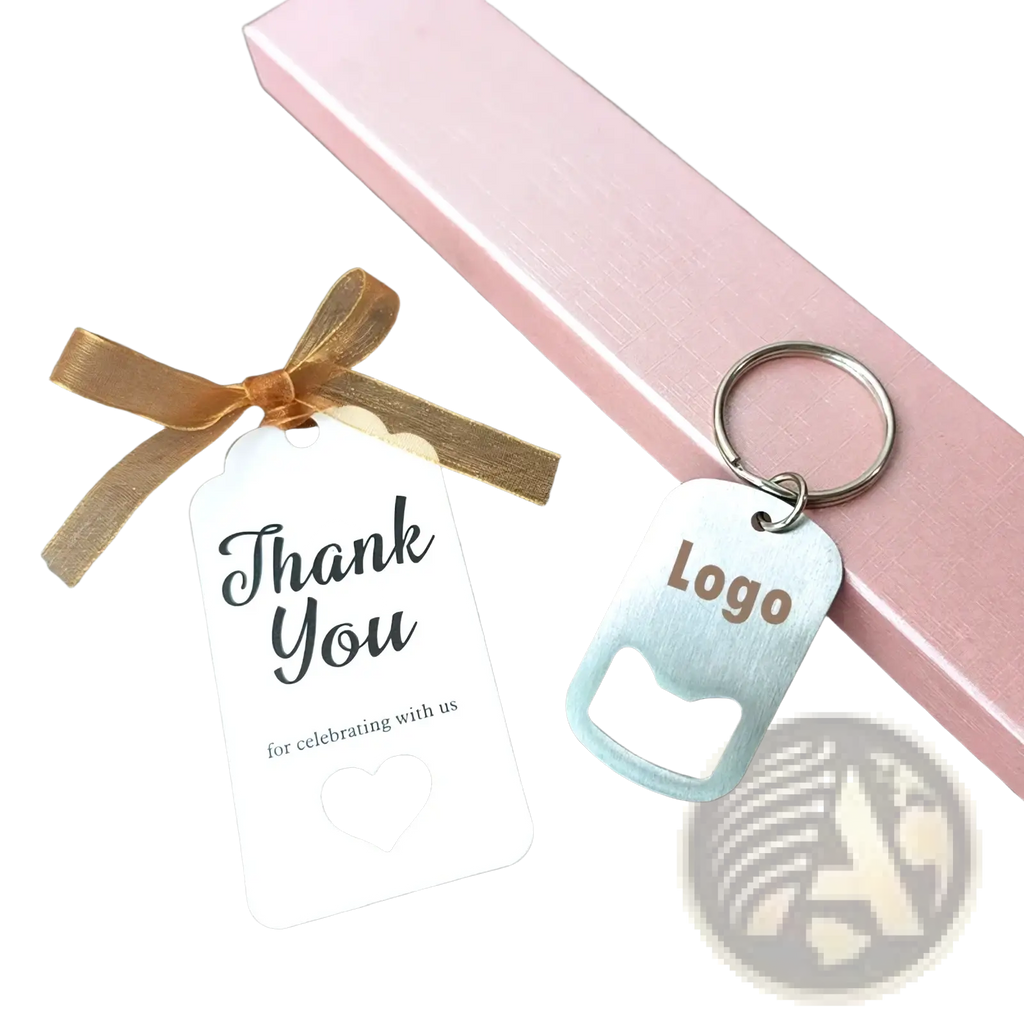 Personalized silver dog tag bottle opener keychain with brushed metal finish and logo engraving for wedding favors