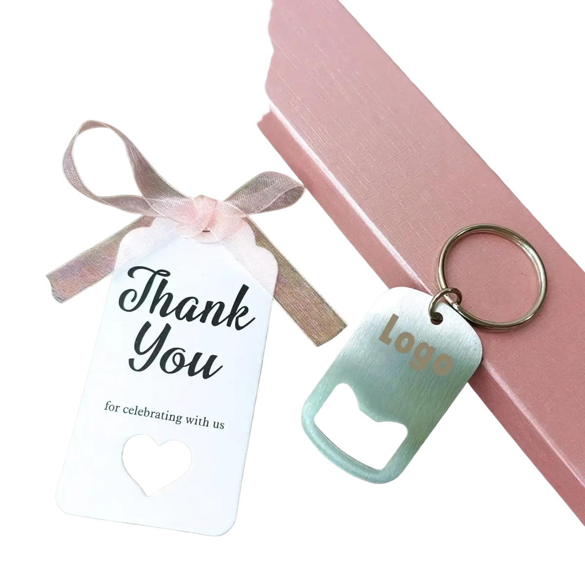 Light blue metallic dog tag keychain with silver ring and engraved logo for personalized wedding favor bottle openers