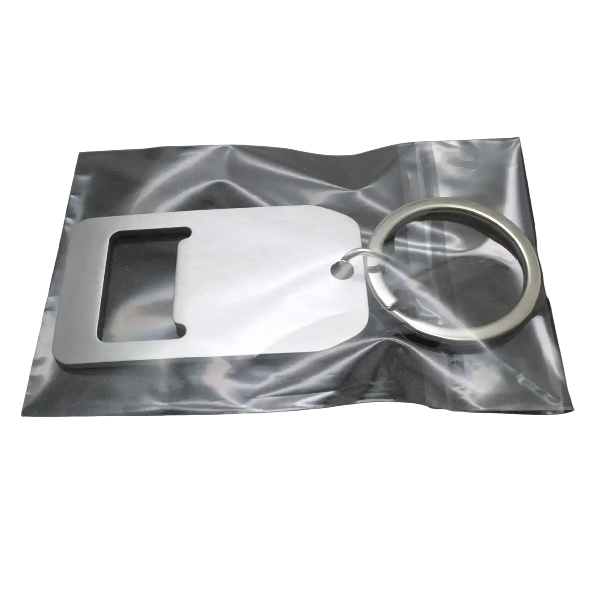 Silver metal personalized bottle opener keychain with rectangular body and circular ring for wedding favors