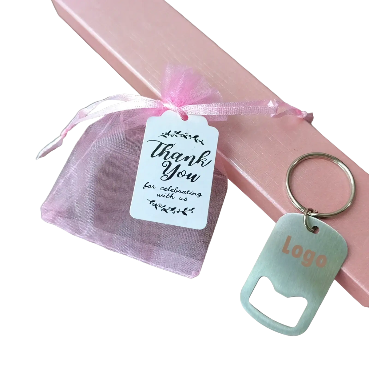 A sleek light blue metal personalized bottle opener keychain with rose gold engraved logo and silver key ring for weddings