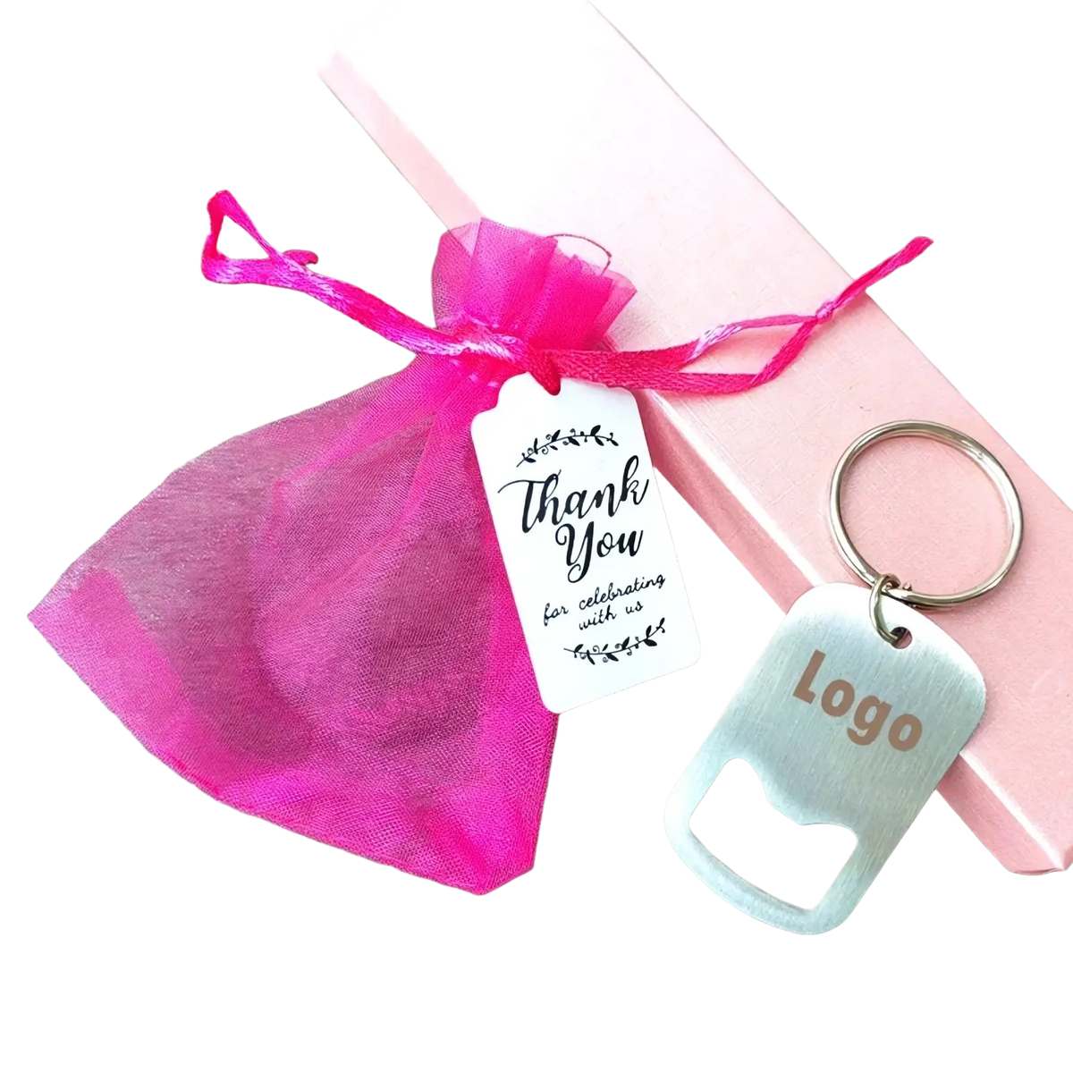 Personalized silver dog tag bottle opener keychain with brushed metal finish and gold logo engraving for wedding favors