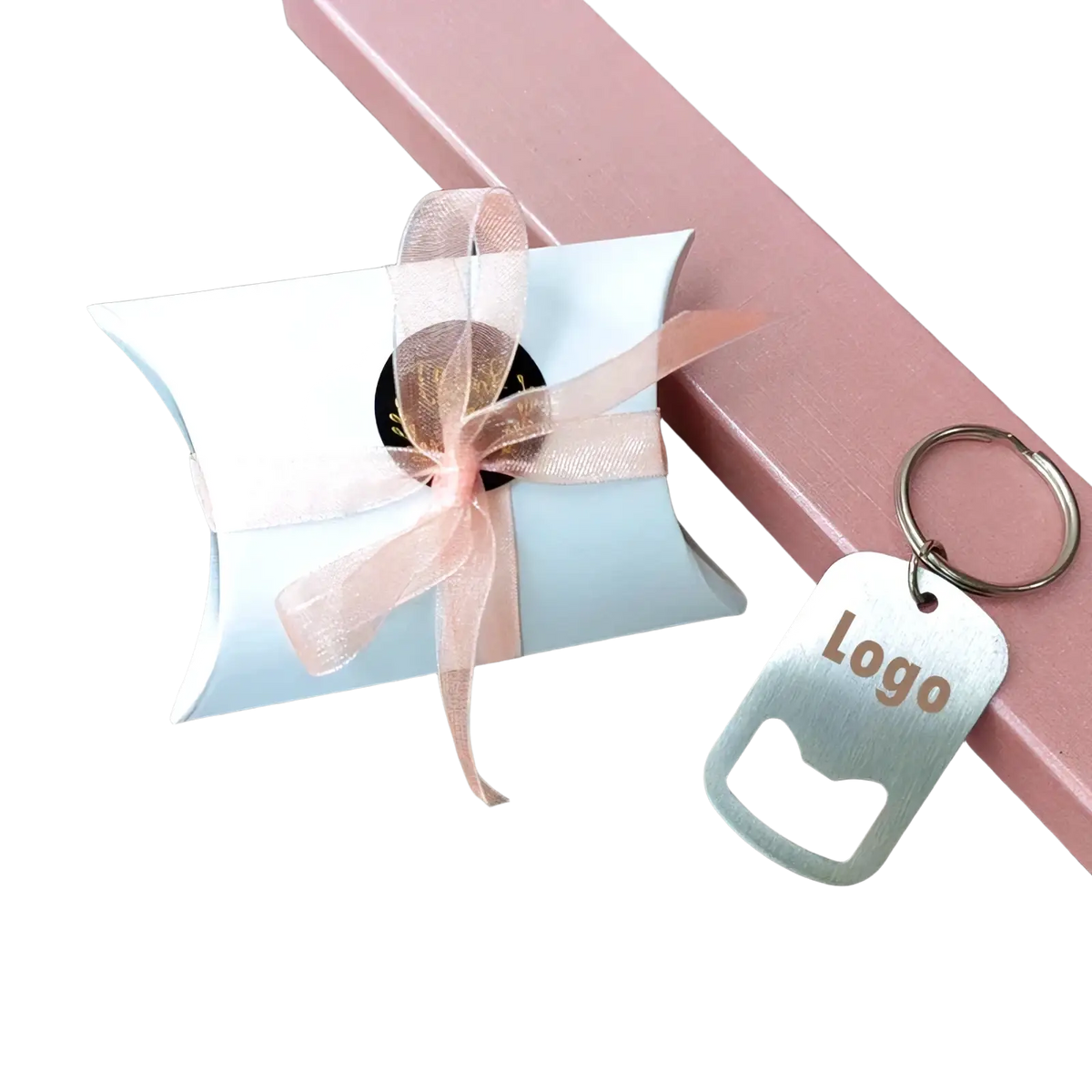 Personalized silver dog-tag style bottle opener keychain with gold logo engraving ideal for wedding favors