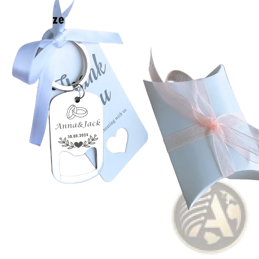 White metal personalized bottle opener keychain with engraved rings hearts and anna amp jack 30.08.2024 design for wedding favors