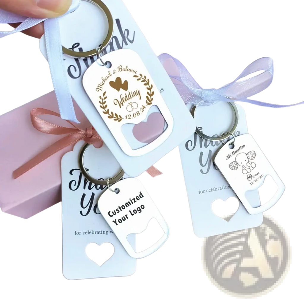 White metal dog tag keychain with heart shaped bottle opener and personalized wedding engraved designs