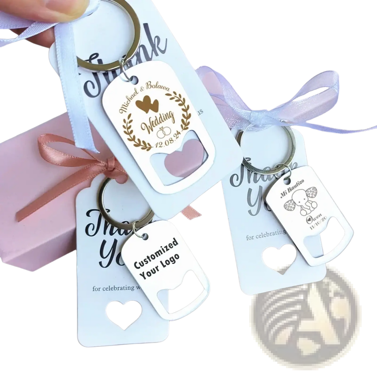 White metal dog tag keychain with heart shaped bottle opener and personalized wedding engraved designs